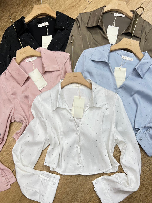 Crystal Decor Crop Satin Shirts